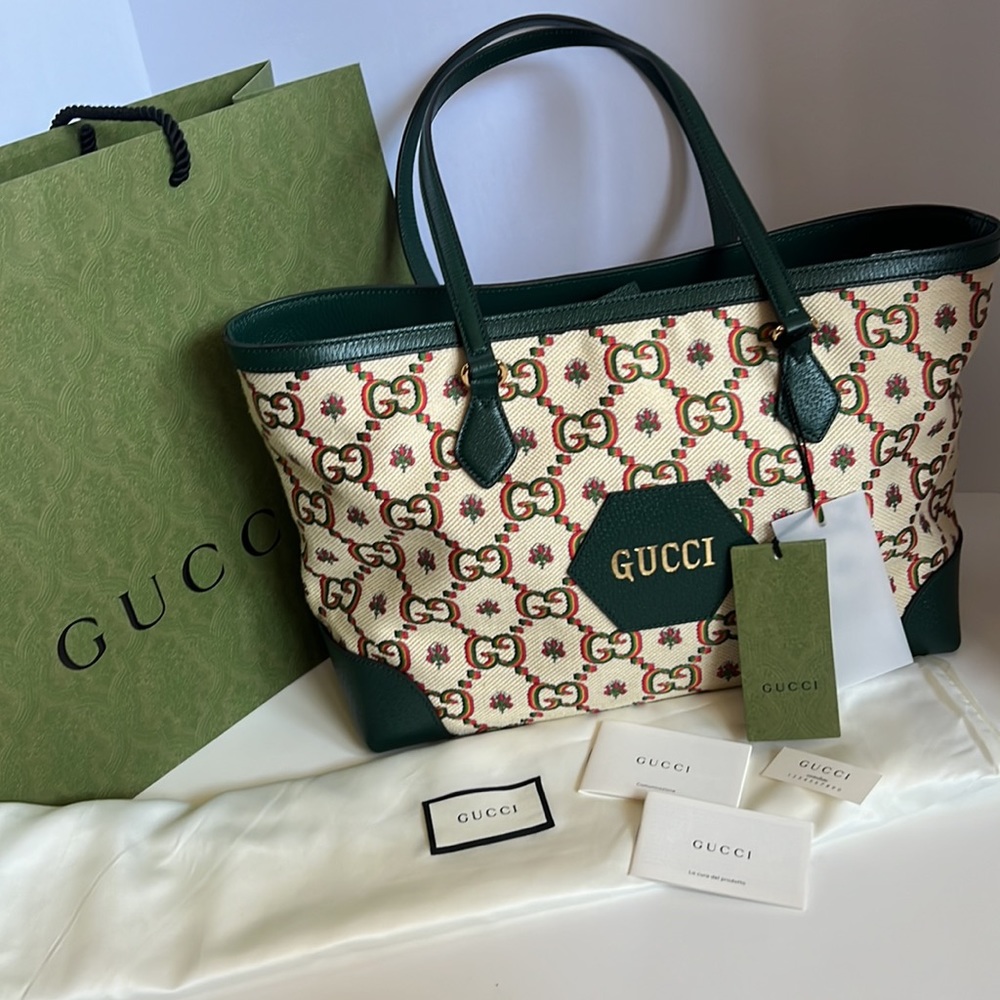 GUCCI GG Floral Jacquard Medium Gucci 100 Ophidia Tote Bag Beige Green new